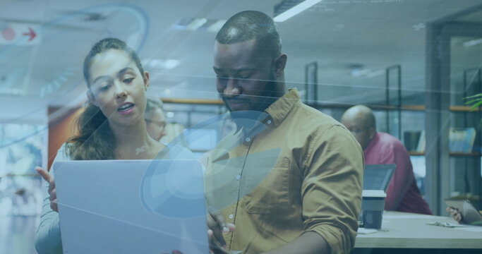 Image of data processing over diverse business people in office