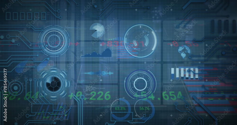 Poster image of infographic interface with trading board over circuit board pattern in background