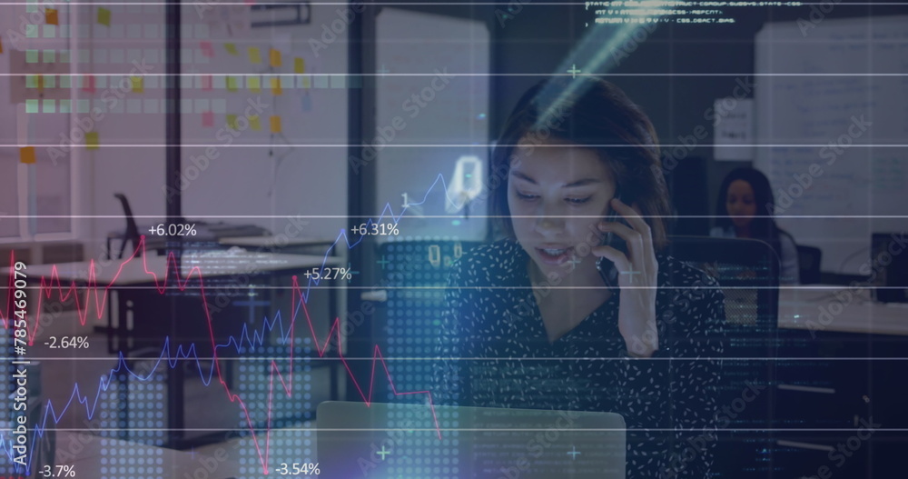 Poster image of binary codes, graphs, numbers, programming language, asian woman talking on cellphone