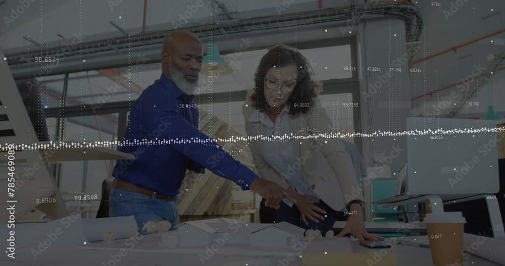 Poster image of numbers and soundwaves over multiracial architects analyzing model in office