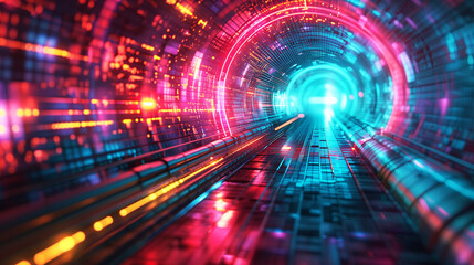 Futuristic Neon Tunnel with Digital Data Stream.
