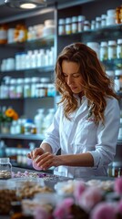 Fototapeta premium Pharmacist preparing floralinfused pills, pharmacy counter, precise and caring, medium shot