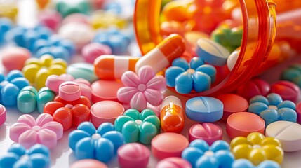 Fototapeta na wymiar Pill bottle spilling out pills shaped like tiny flowers, closeup, vibrant against a white background