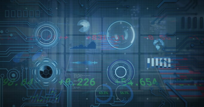 Image of infographic interface with trading board over circuit board pattern in background