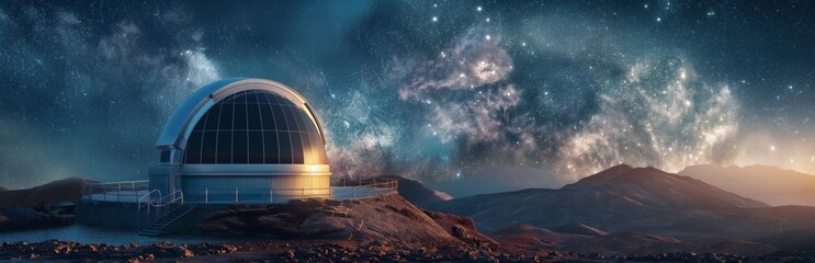 Surreal image of an observatory overlooking a mountain range under a galaxy-filled night sky suggesting exploration and discovery