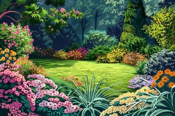 Lawn with lots of flowers and plants, in the style of vivid color scheme background