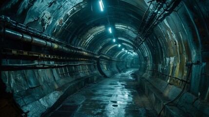 Underground passage between industrial complexes, secret transport route, dimly lit, wide shot