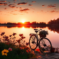 an old bicycle with a basket of flowers stands on the river bank. evening sunset by a pond with a bicycle in the foreground