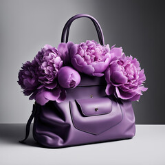 A purple handbag is decorated with large purple peony flowers. sweet romantic ladies accessory decorated with a scattering of flowers