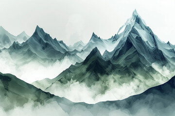 A serene illustration capturing the layered beauty of mist-enveloped mountains, shaded in tranquil greens and greys. AI Generated.