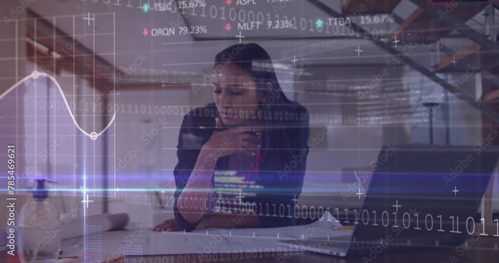 Poster image of data processing and binary coding over biracial businesswoman using laptop