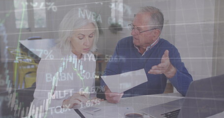 Image of financial data processing over caucasian couple with laptop