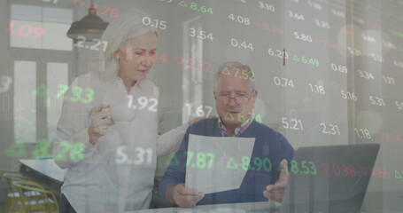 Image of financial data processing over caucasian couple with laptop