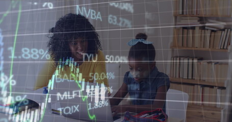 Image of financial data processing over mother and daughter with laptop