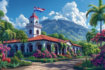 Discover the colonial elegance captured in this AI-generated illustration of a Costa Rican landmark with vibrant flora and a majestic volcano backdrop.