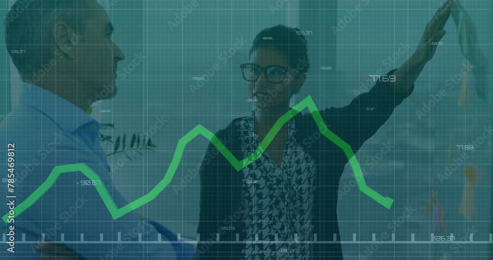 Poster Image of financial data processing with green line over business people working in office