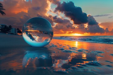 Lens Ball at Fort Lauderdale Beach. Sunrise and Clouds Reflected in Crystal-Blue Background. Abstract Concept of Beautiful - obrazy, fototapety, plakaty