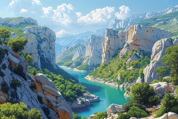 A panoramic vector illustration showcasing the expansive beauty of the Gorges du Verdon with verdant cliffs and a winding river, all under the gentle kiss of sunlight, AI Generated - obrazy, fototapety, plakaty