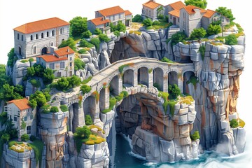 An intricately detailed isometric vector of coastal cliff buildings resembling the Gorges du Verdon landscape, created with AI. AI Generated. - obrazy, fototapety, plakaty