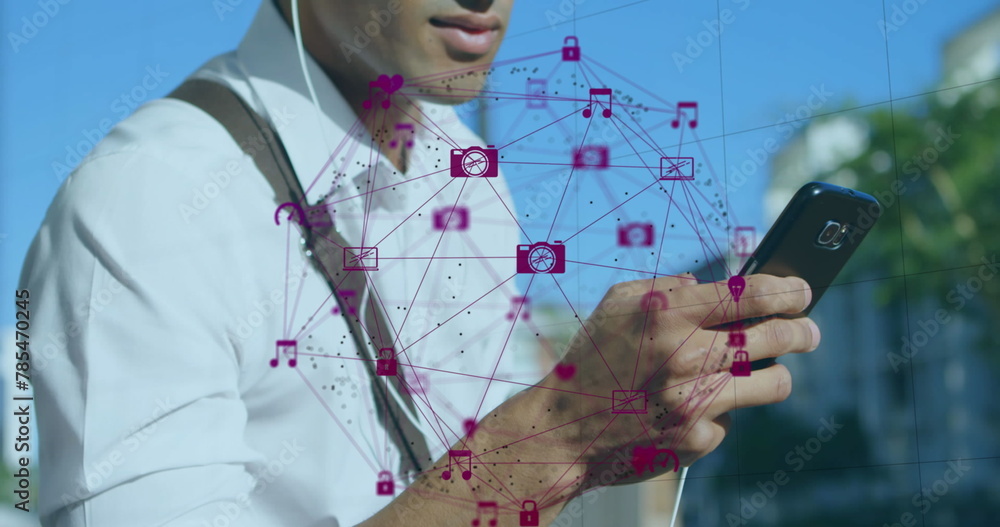 Poster a person is talking on a mobile phone outside, with a global computer network in the background