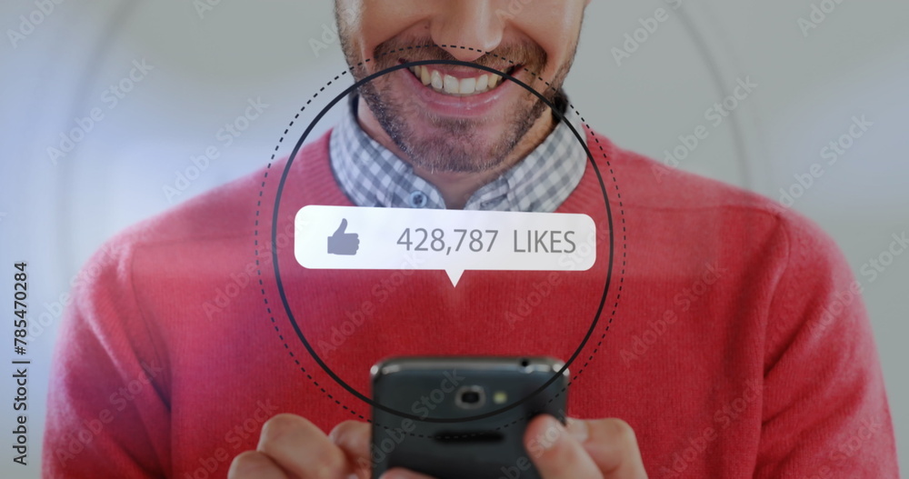 Poster image of like icon with increasing numbers in circles over caucasian happy man using cellphone