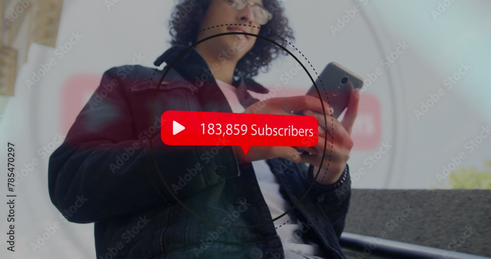 Poster image of subscribers text, play icon with increasing numbers over biracial man using smartphone