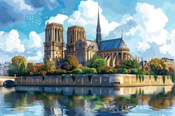 Behold the Notre-Dame de Paris with its reflection on the Seine in this AI-generated vector, embodying French historical elegance