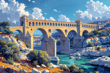 The majestic Pont du Gard, an ancient Roman aqueduct, is elegantly depicted in this AI-generated...