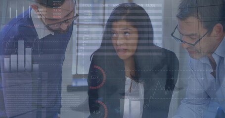 Image of data processing over diverse basketball players at gym