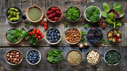 Vibrant Array of Fresh, Organic Superfoods on a Rustic Wooden Table -