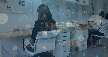 Data and network of connections processing over caucasian female colleagues in office