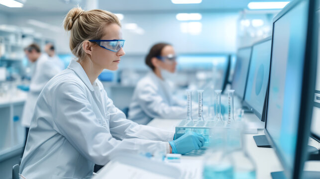 focused woman conducting research with high-tech equipment in a clinical lab setting. Female Scientist Working in a Modern Laboratory