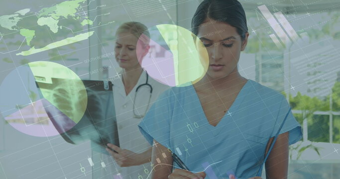 Image of infographic interface, caucasian female doctors examining x-ray, writing on clipboard