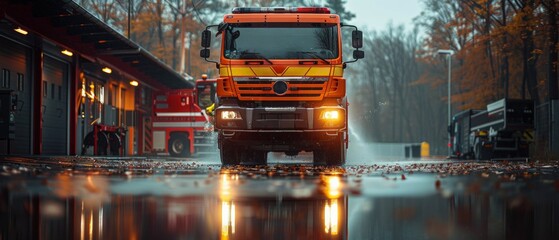 Fototapeta premium Fire truck on misty road during early morning call-out. Fire engine's lights reflect on wet road.