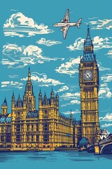 A retro-style vector illustration of London's iconic Parliament with overhead plane, AI Generated