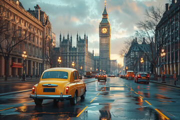 This vector illustration presents a classic yellow car driving down a London street with Big Ben in...