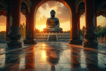 A peaceful vector illustration capturing the grand Buddha statue at sunrise within a temple gateway. AI Generated