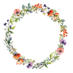 Watercolor wreaths, frames, wildflowers floral illustration: summer flower, blossom, poppies, chamomile, dandelions, cornflowers, lavender, violet, bluebell, clover, buttercup. Generative AI