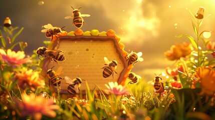 In a lush meadow under the warm glow of the setting sun, a joyful cartoon bee family hovers around a large honeycomb-shaped signboard.