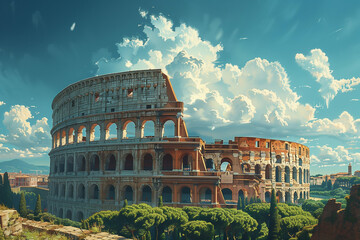 Vector style depiction of the ancient Colosseum in Rome under a clear blue sky, a blend of history...