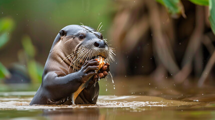 South American Giant River Otter Eating Fish in the Wa - obrazy, fototapety, plakaty