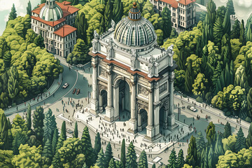 Isometric illustration of a grand Italian arcade surrounded by lush trees, showcasing classic...