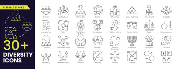 Diversity icon set. Containing equality, culture, languages, tolerance, difference, belonging, human rights and ethnicity icons. Stroke icon collection Editable Outline icon