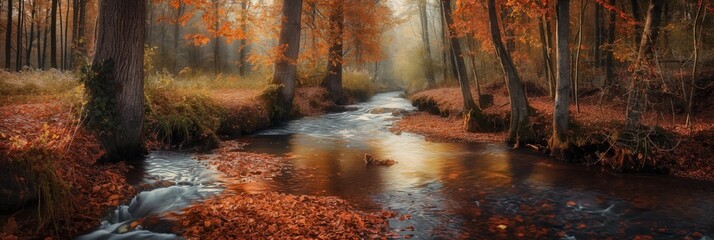 A gentle creek winds through a forest blanketed in red and orange autumn leaves, reflecting the seasonal change and natural beauty