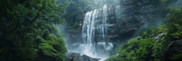 This image captures a breathtaking waterfall surrounded by dense foliage, mist rise, and the powerful force of nature in a serene setting
