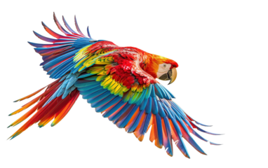 Colourful flying Ara on white background,png