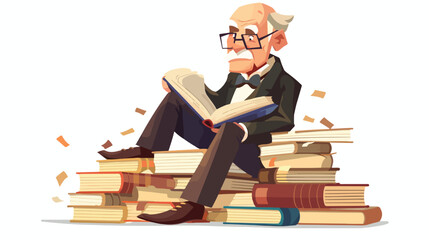 Old bookworm sitting on a pile of books reading a book