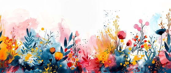 Design a stunning panoramic view pattern background using a mix of vibrant watercolor and pen and ink techniques Include stripes, polka dots, floral motifs, and abstract designs for a dynamic and capt - obrazy, fototapety, plakaty