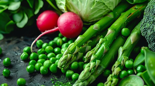 Fresh green peas pods, radish, and green asparagus arranged in vibrant array of spring vegetables, organic produce harvested from garden patch