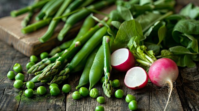 Fresh green peas pods, radish, and green asparagus arranged in vibrant array of spring vegetables, organic produce harvested from garden patch